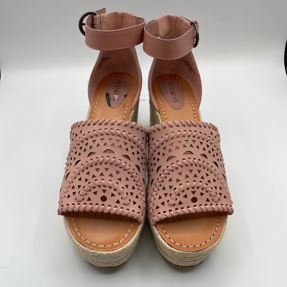 Indigo Rd Jordie Wedge Sandals Pink Laser Cut Espadrille Womens 9 Boho Platform - Picture 4 of 8